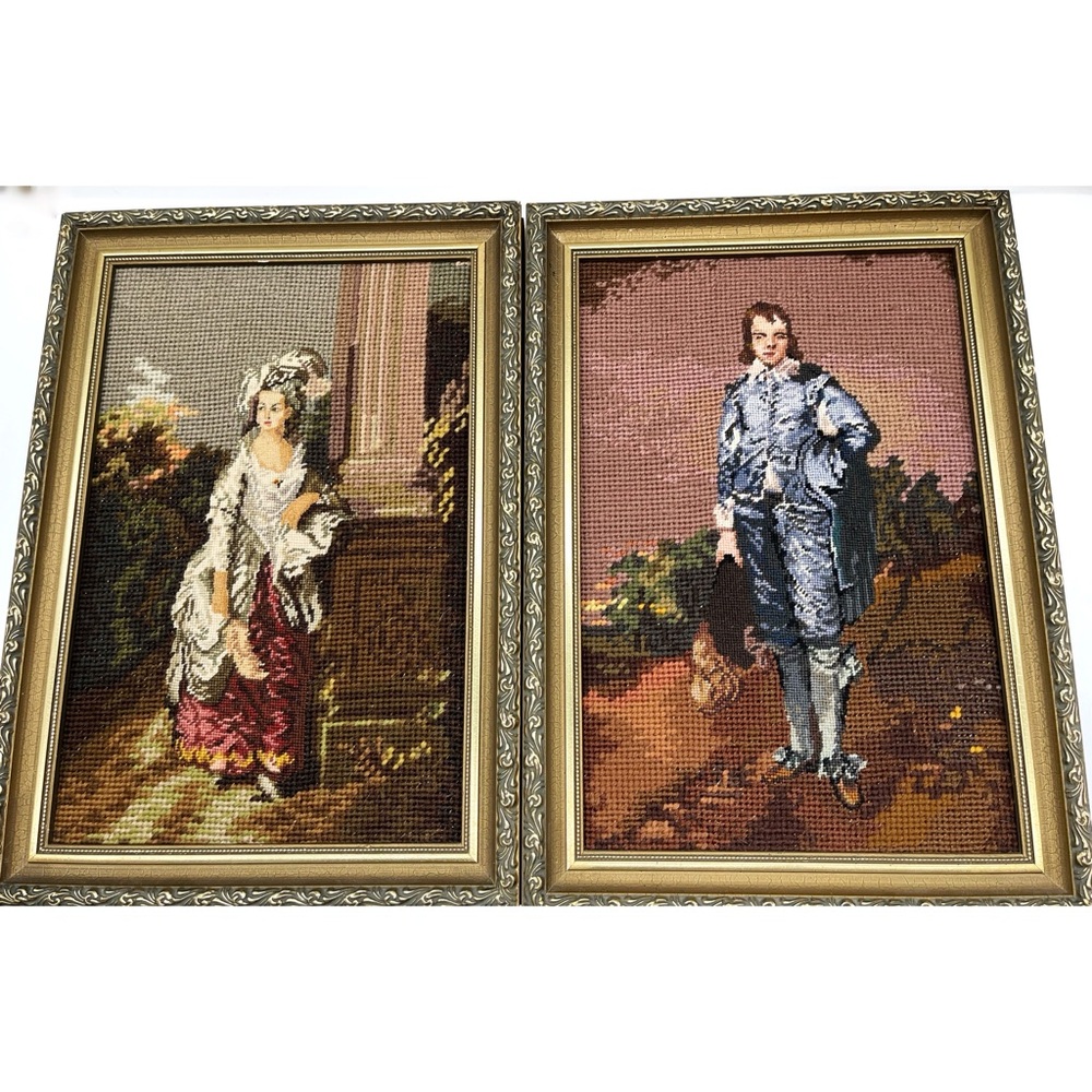VINTAGE Thomas Gainsborough "Blue Boy" & “The Mrs. Graham” Framed Needlepoint Se